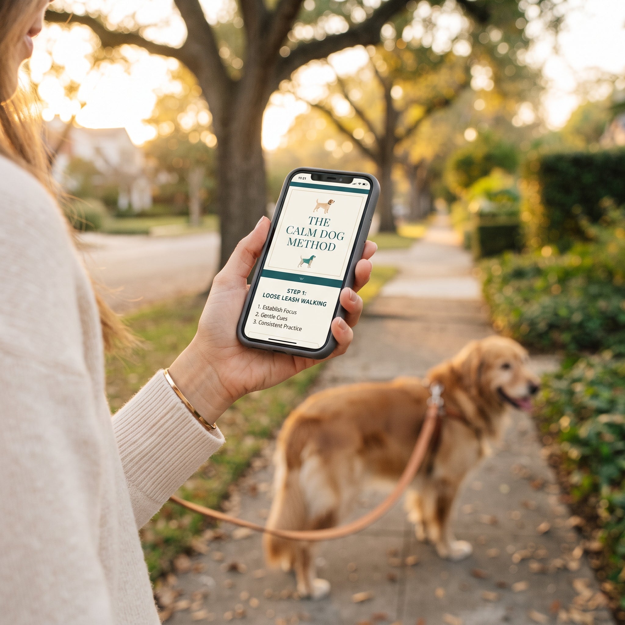 On your phone, on the walk — golden retriever on a slack leash at golden hour