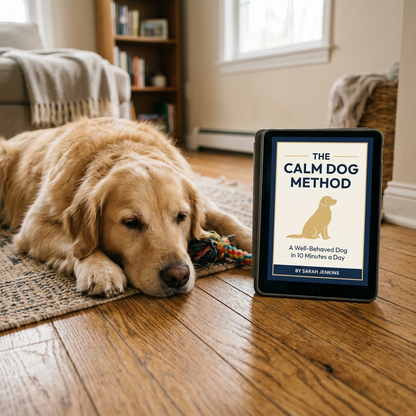 The Calm Dog Method ebook beside a calm golden retriever