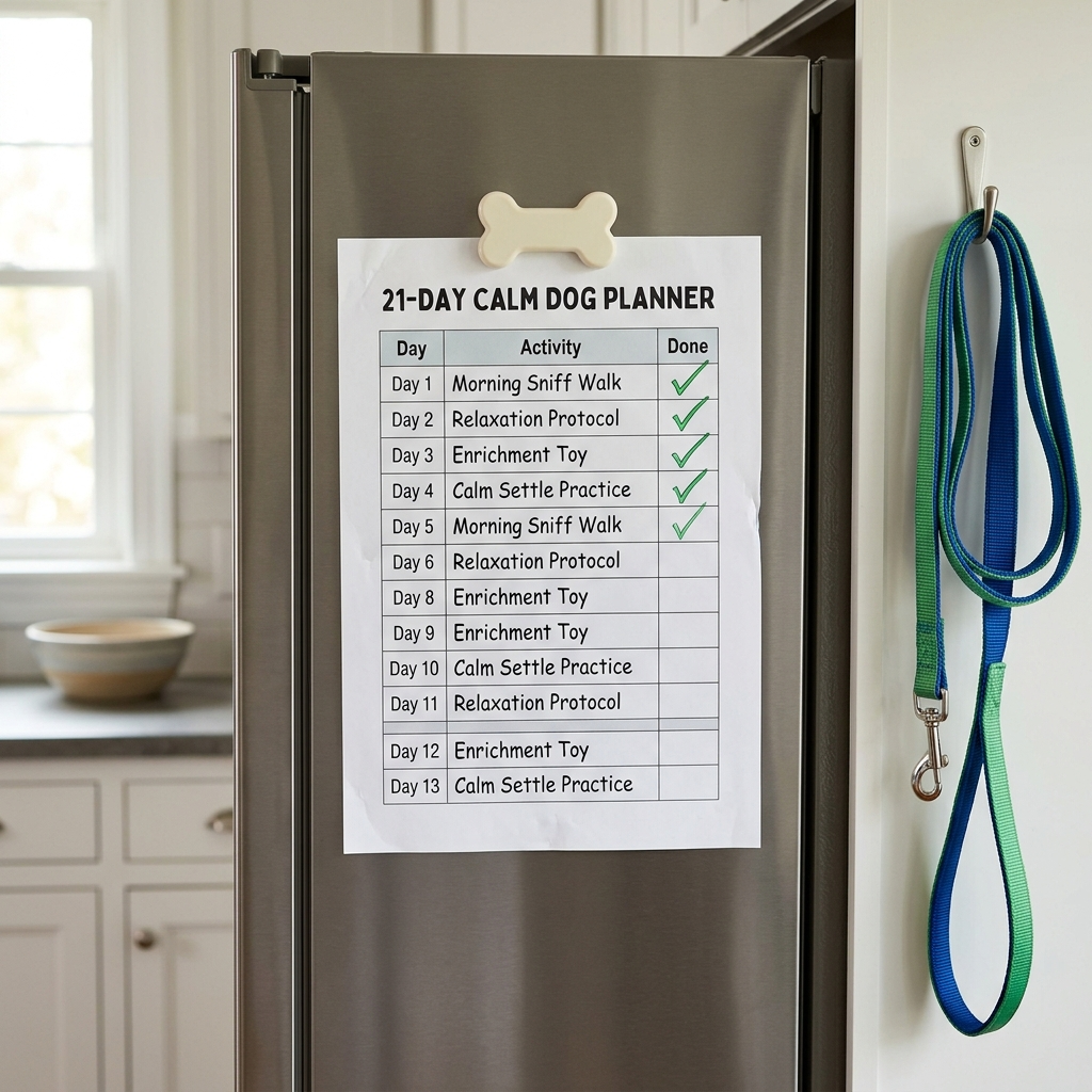 21-day planner on the fridge, five days checked off
