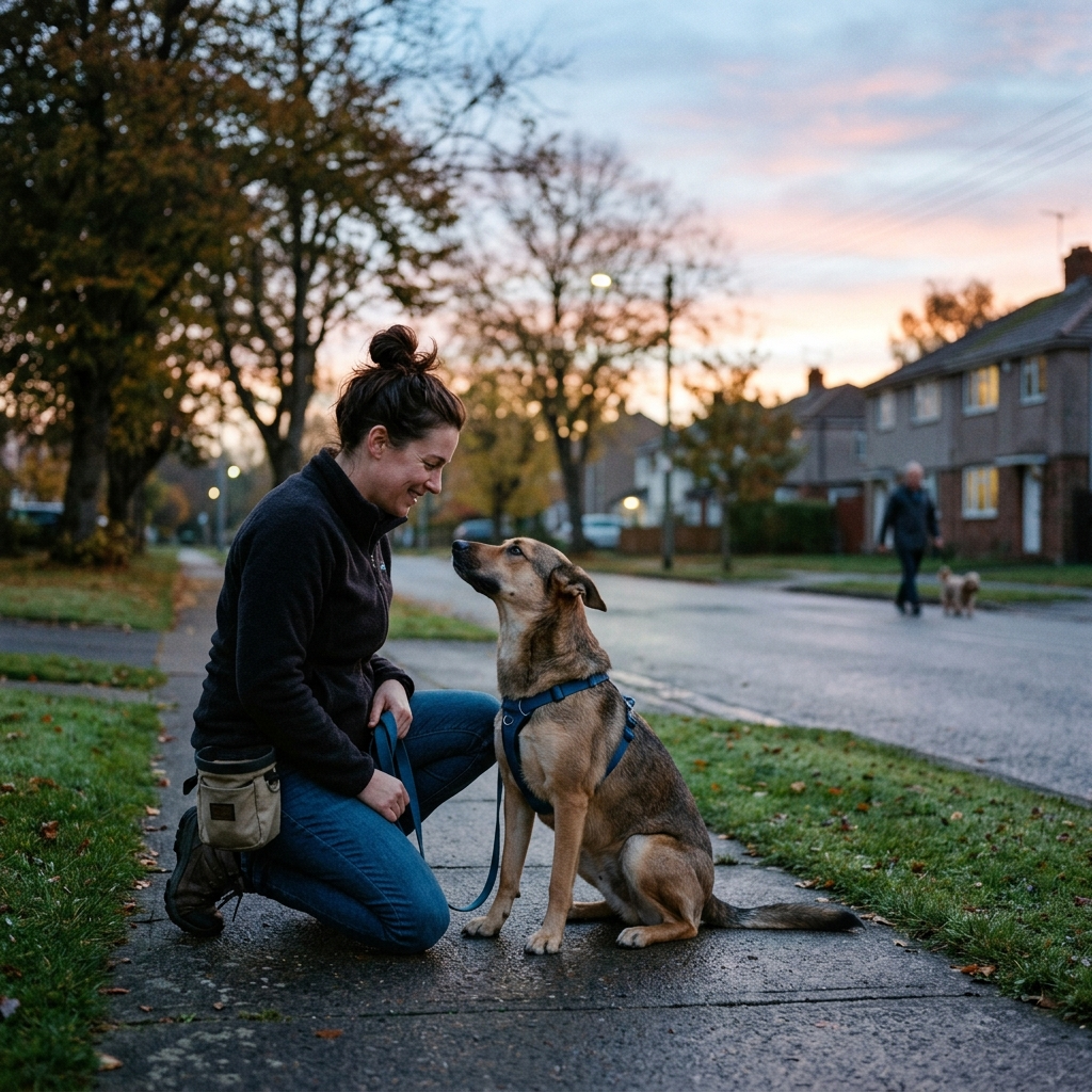 A calm rescue dog checking in with her owner at dawn