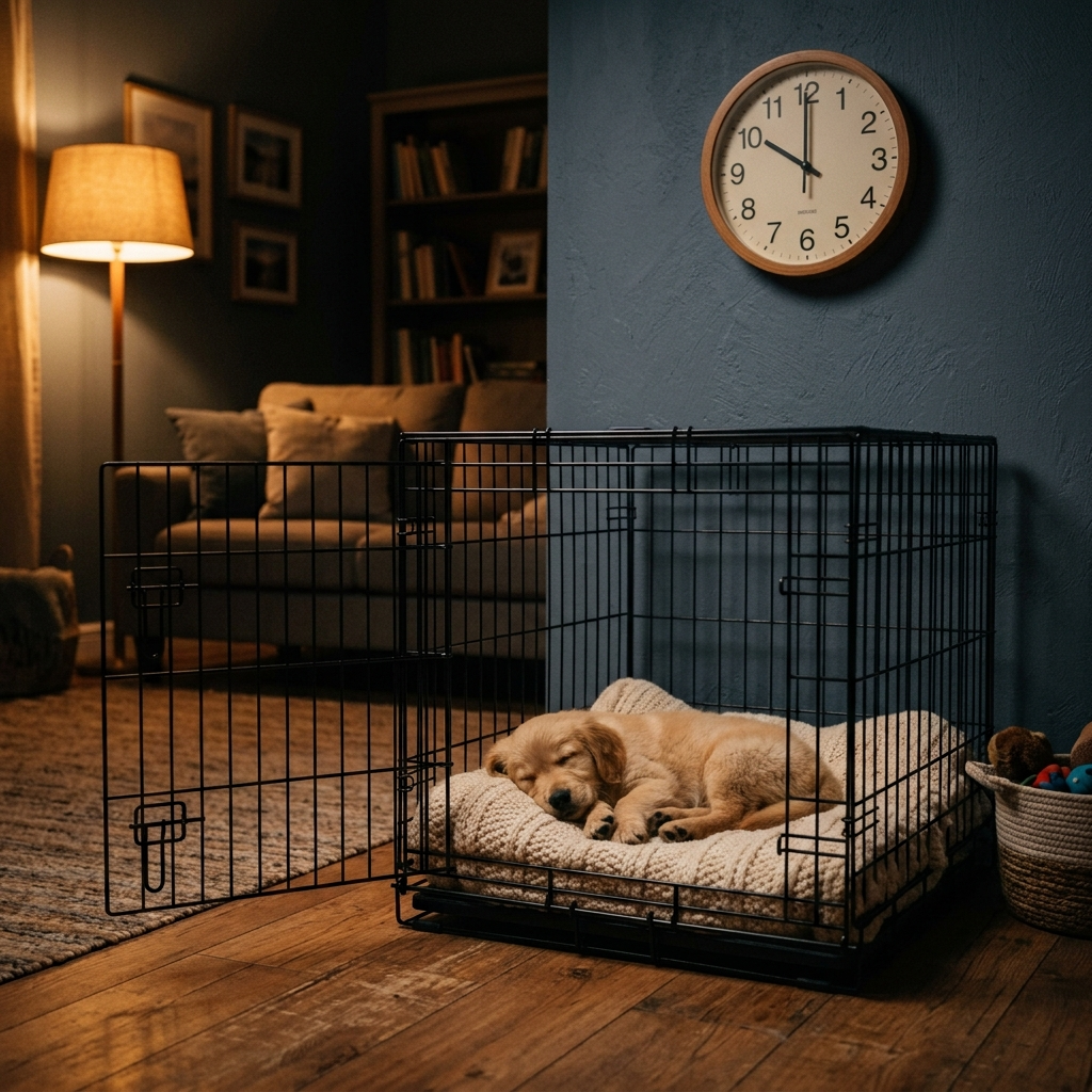 A puppy asleep in an open crate at night